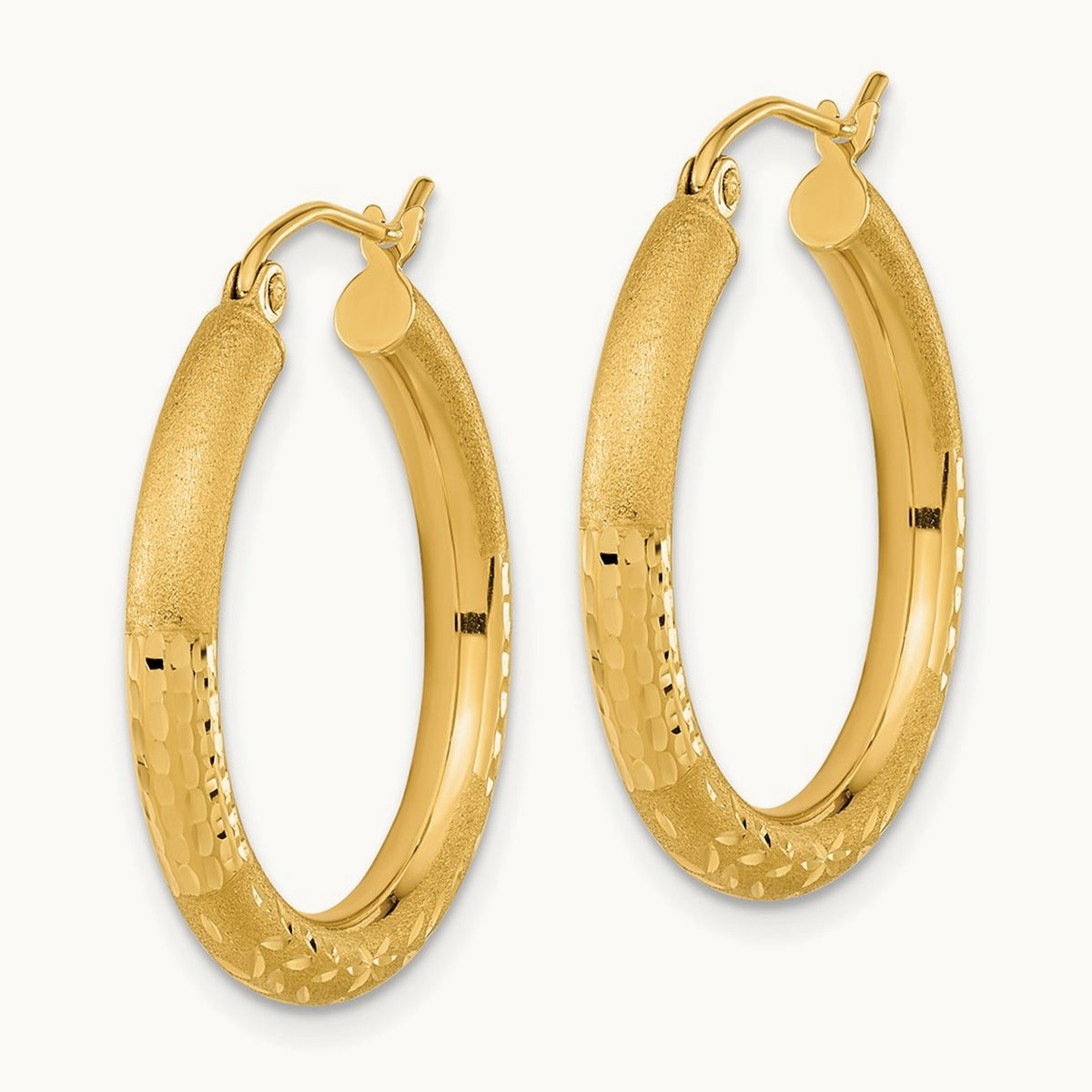 Polished Satin and Diamond-cut Hoop Earringss, 14K