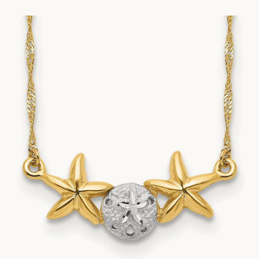 & White Rhodium 17\ Brushed & Polished Sand Dollar Starfish Necklace", 14K