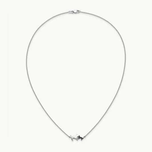 Black Diamond Mother and Baby Cat 18 inch Necklace, 14K White Gold