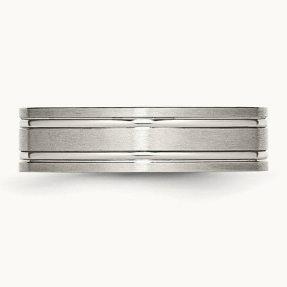 Brushed and Polished Ridged Flat Band, 6mm, Stainless Steel