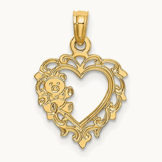 Teddy Bear in Heart Charm, 14K