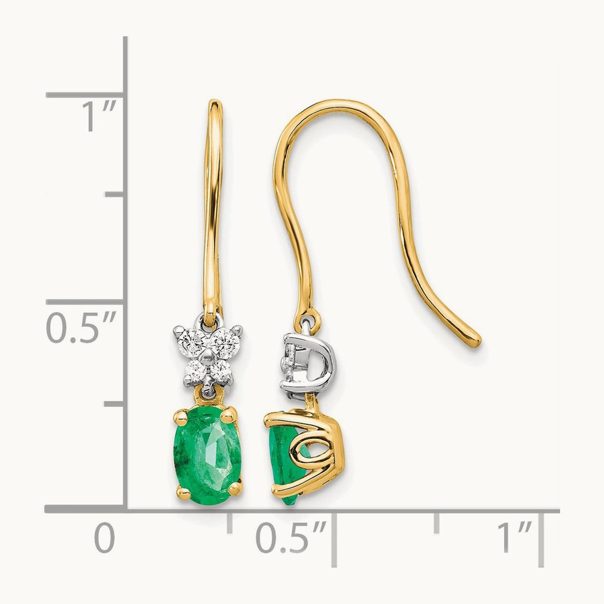 1/8ct Diamond and Oval Emerald Shepherd Hook Earrings, 14K Two-tone