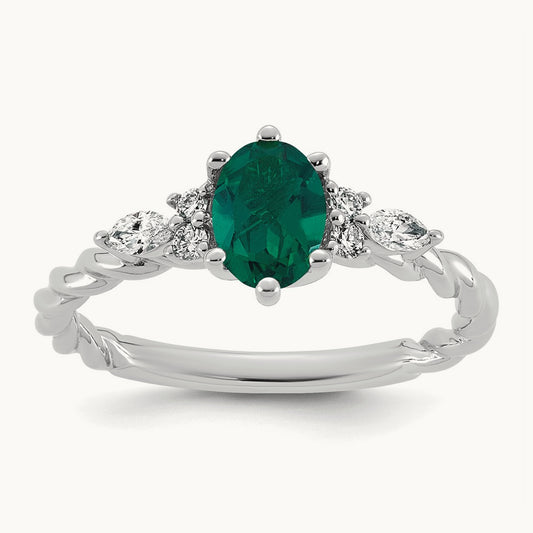 Polished Diamond and Lab Created Emerald Twisted Ring — 14K White Gold