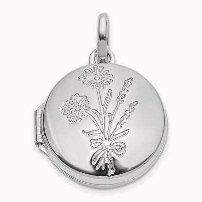Polished Floral GRANDDAUGHTER Reversible Round Locket, 16mm, 14K White Gold