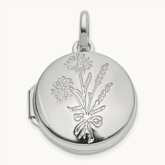 Polished Floral GRANDDAUGHTER Reversible Round Locket, 16mm, 14K White Gold