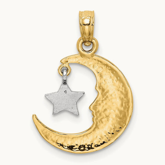 Polished Half Moon and Star Pendant, 14K Two-tone