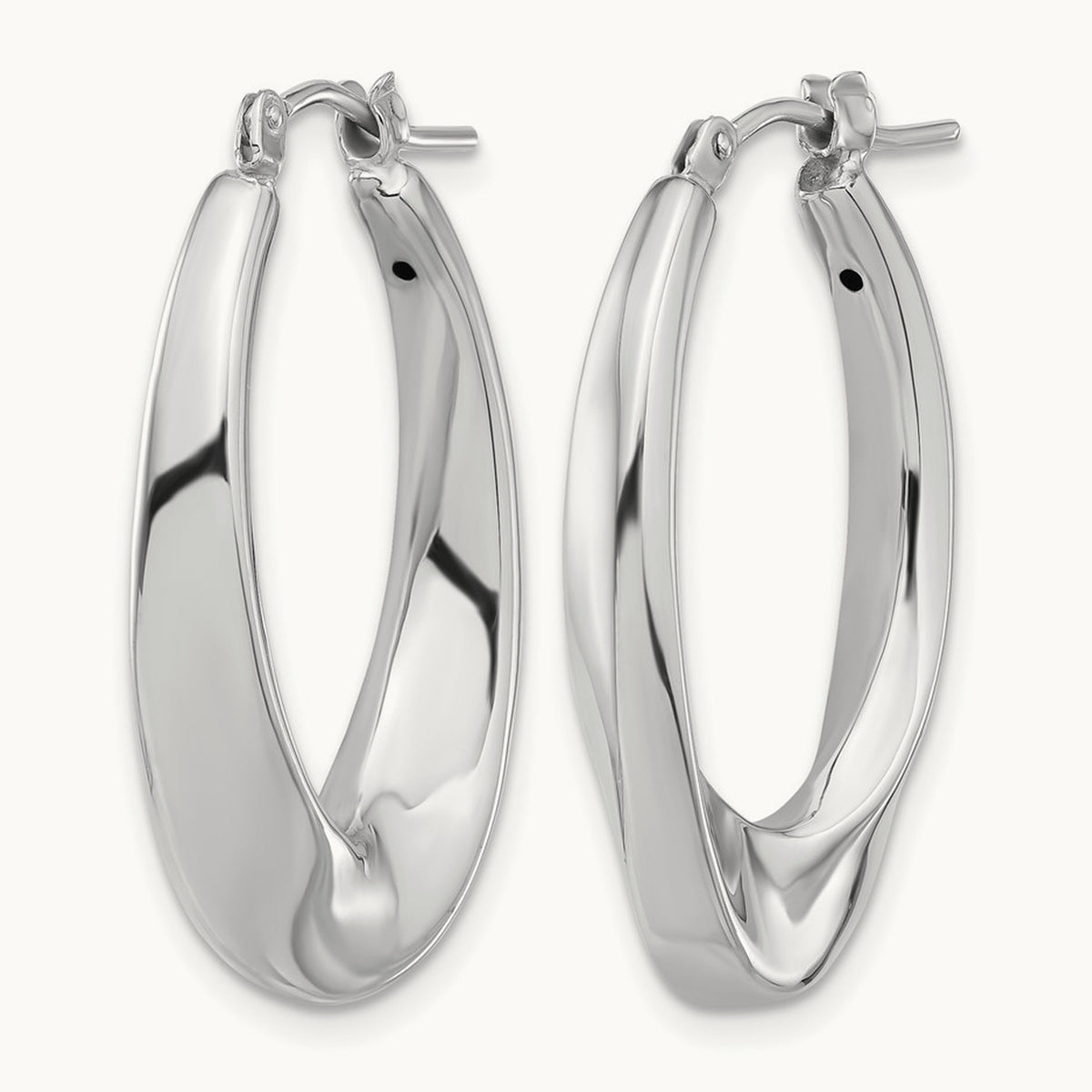 Polished Hollow Oval Twist Hoop Earrings — 14K White Gold