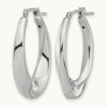 Polished Hollow Oval Twist Hoop Earrings — 14K White Gold