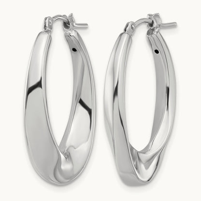 Polished Hollow Oval Twist Hoop Earrings — 14K White Gold