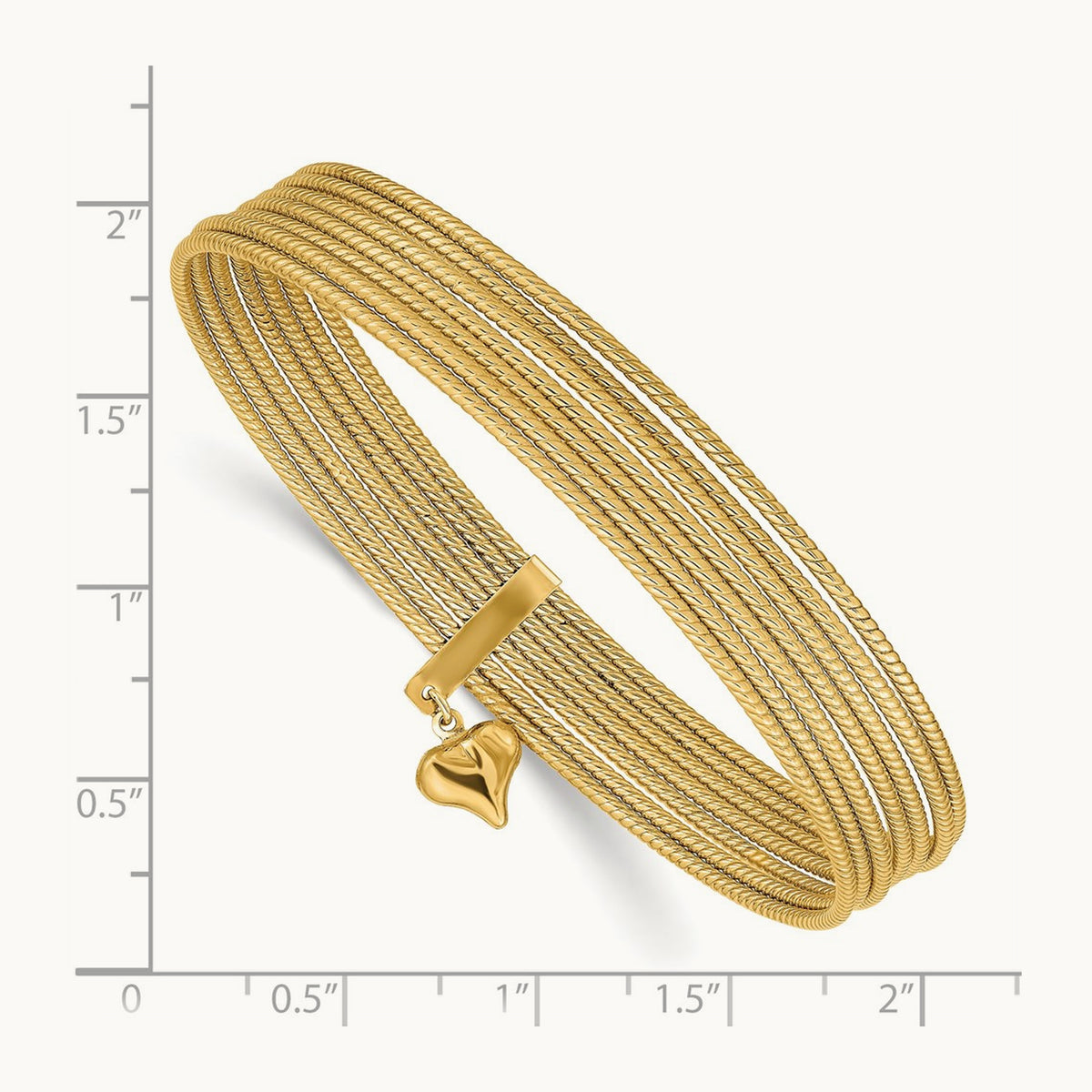 w/ Dangle Heart Slip-on Set of 7 Textured Bangles, 14K