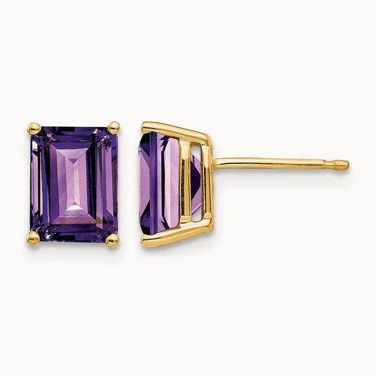 8x6mm Emerald Cut Amethyst Earrings, 14K