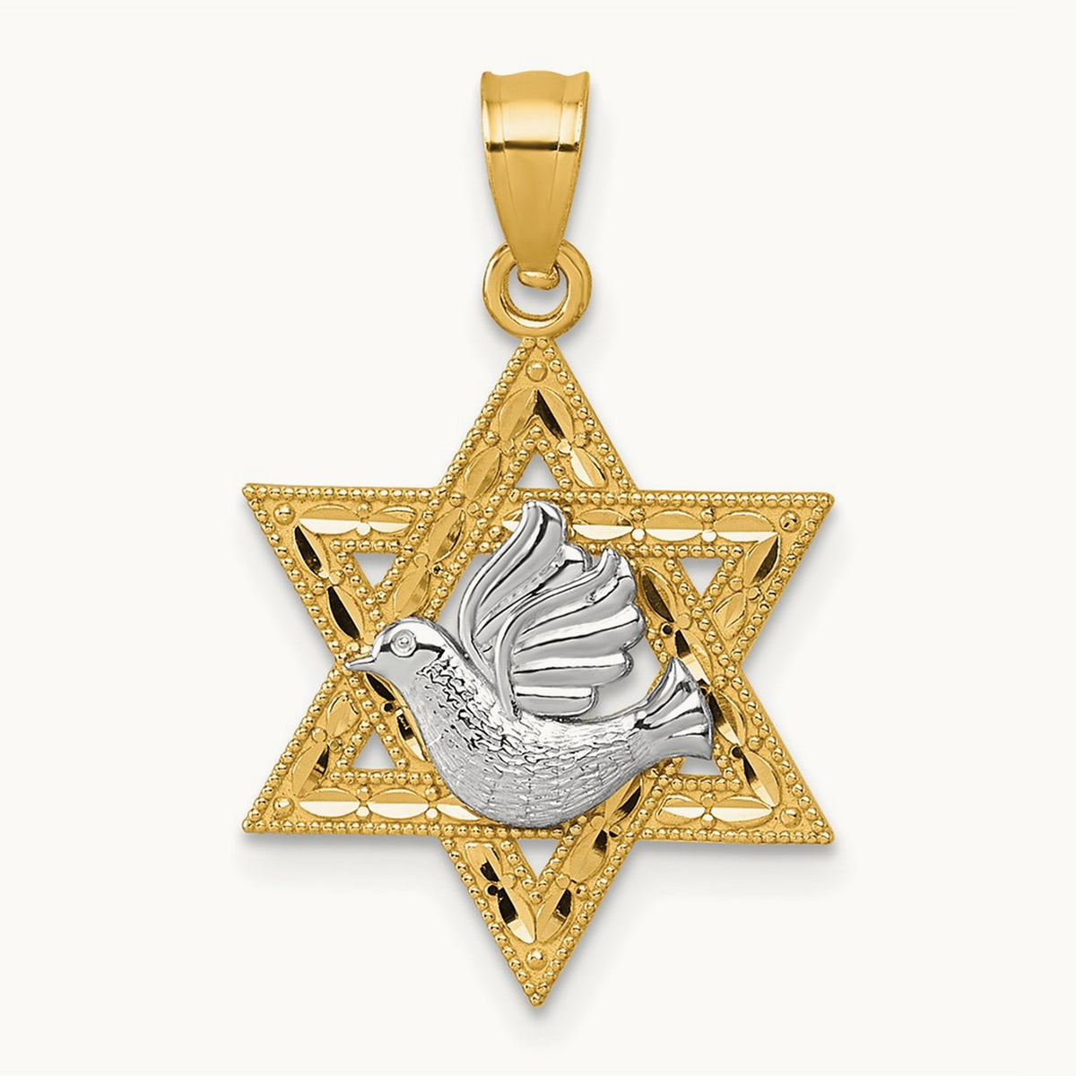 Textured/Diamond-cut Dove On Star Of David Pendant, 14K Two-tone