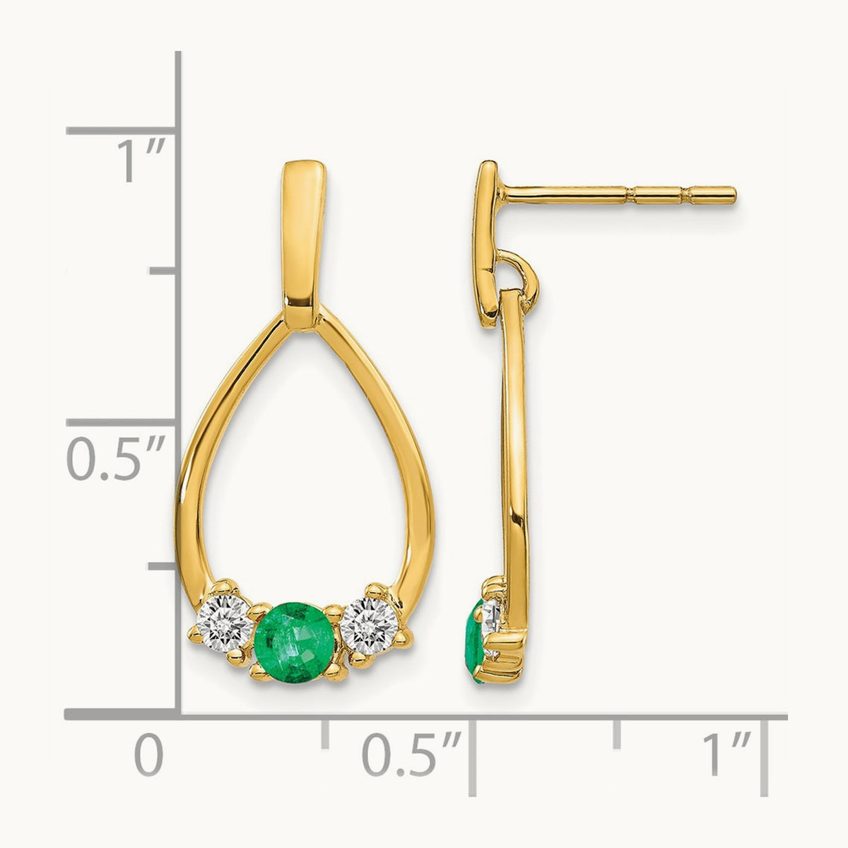 Created Emerald Dangle Post Earrings, 0.25 ct tw Lab-Grown Diamond — 14K Yellow Gold