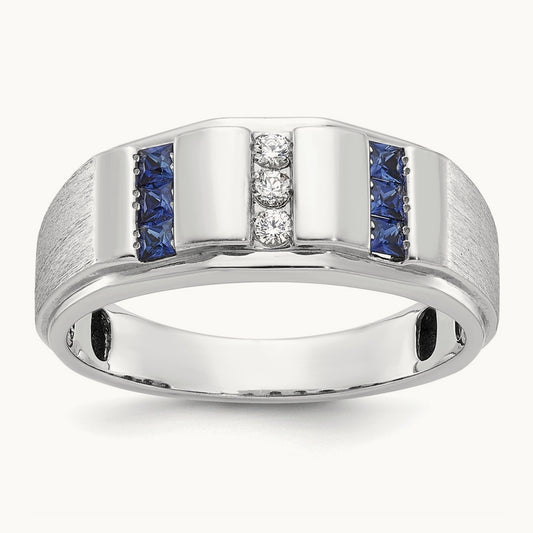 IBGoodman Men's Polished/Satin 3-Row Cr. Sapphire Diamond Ring, 14K White Gold