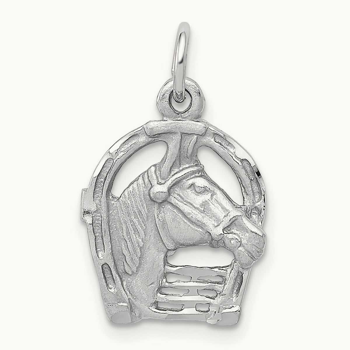 Diamond-cut Horse Head in Horseshoe Charm — 14K White Gold