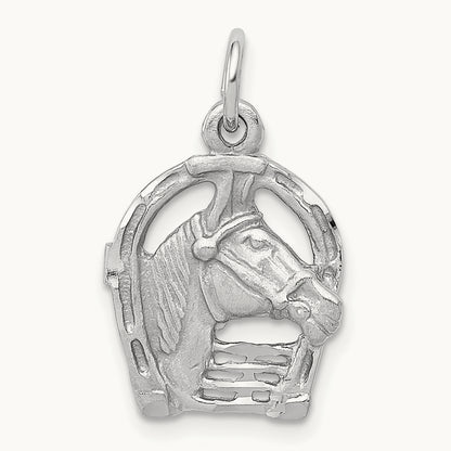 Diamond-cut Horse Head in Horseshoe Charm — 14K White Gold