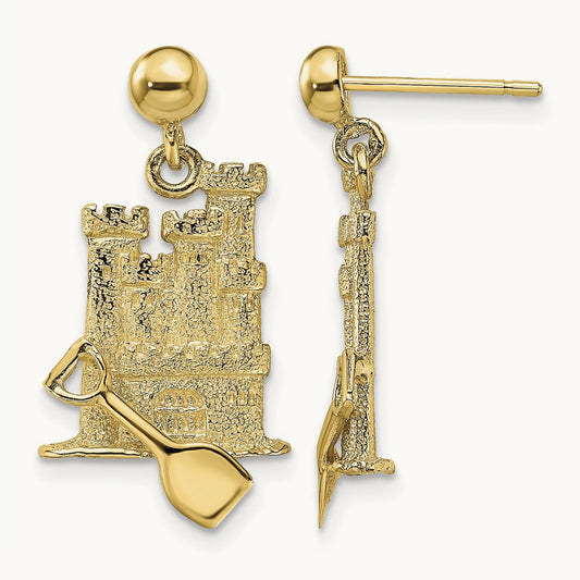 3-D w/ Shovel Sand Castle Dangle Earrings, 14K