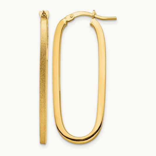 Polished & Satin Oval Hoop Earrings — 14K Yellow Gold