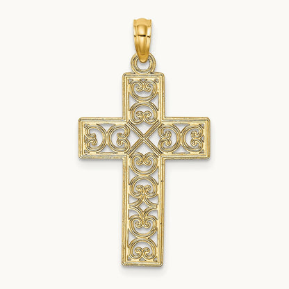 Polished Square Cross with Heart Design Charm — 14K Yellow Gold
