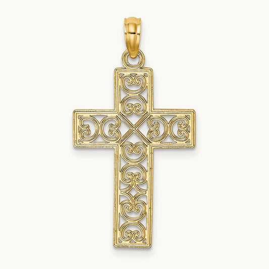 Polished Square Cross with Heart Design Charm — 14K Yellow Gold