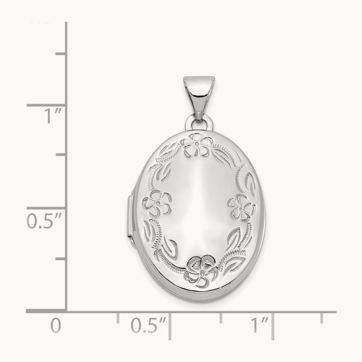 Oval Leaf Floral Scroll Border H/Eng Locket, 21mm, 14K White Gold