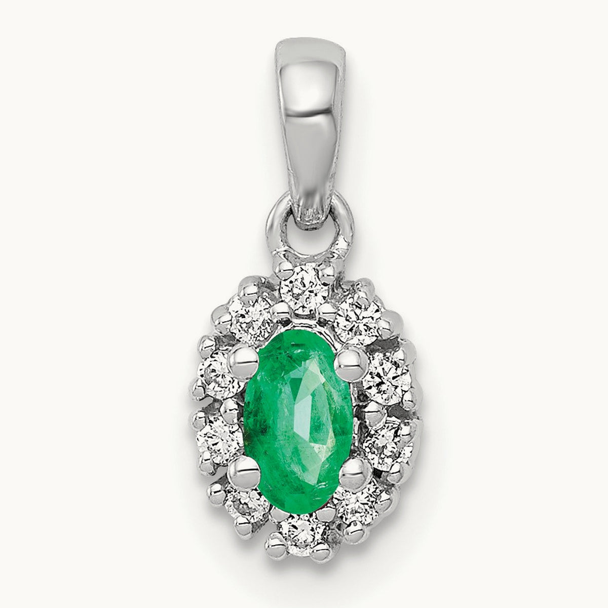 Diamond and Oval Emerald Halo Pendant, 14K White Gold