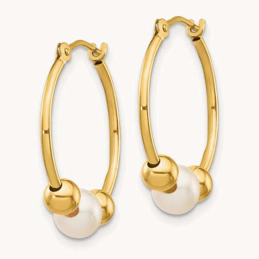 5- White Semi-round Freshwater Cultured Pearl Polished Hoop Earring, 6mm, 14K