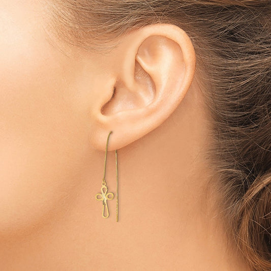 Polished Diamond-cut Box Chain with Cross Threader Earrings — 14K Yellow Gold