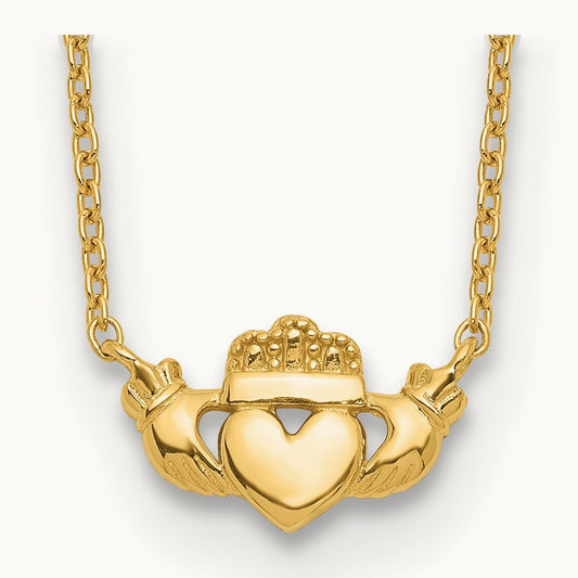 Polished Claddagh 17 inch Necklace, 14K