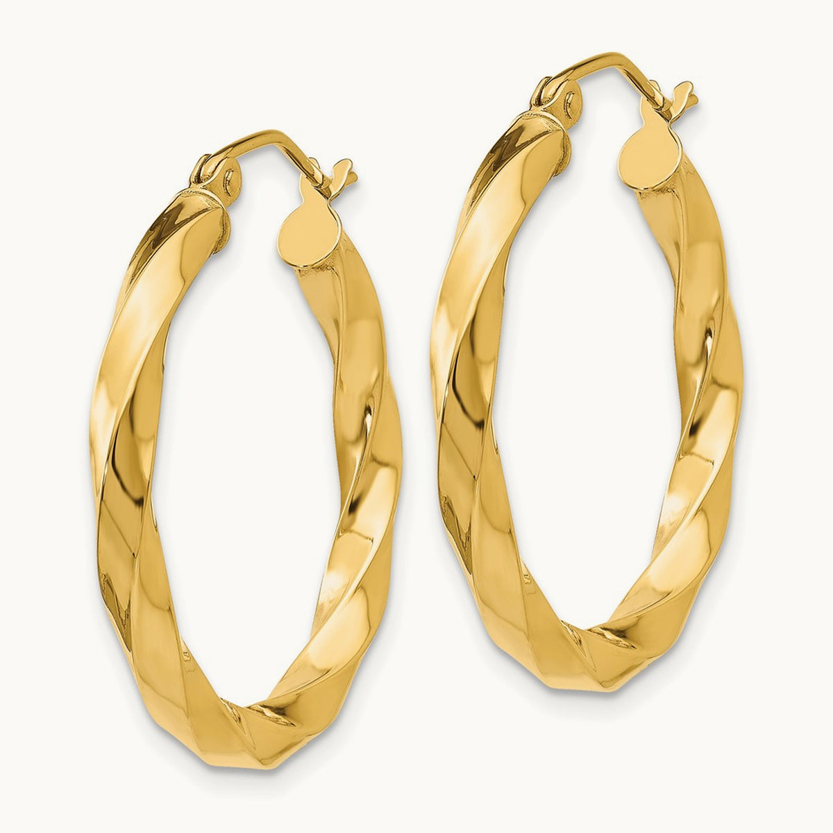 Square Tube Twisted Hoop Earrings — 14K Yellow Gold, 25mm, 3mm