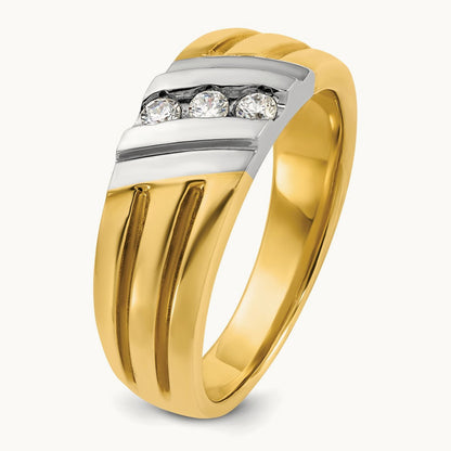 14ktt IBGoodman Men's Polished and Grooved 3-Stone Diamond Ring