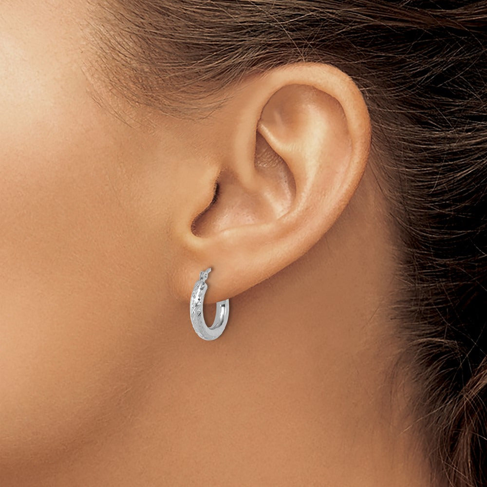 Diamond-cut Round Hoop Earrings — 14K White Gold
