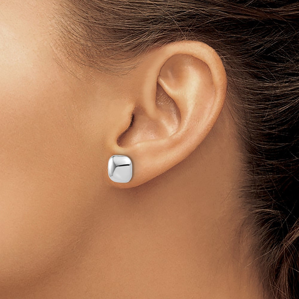 Polished Puffed Square Post Earrings — 14K White Gold