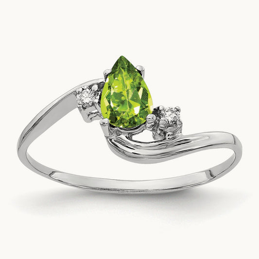 6x4mm Pear Peridot AA Diamond ring, 14K White Gold