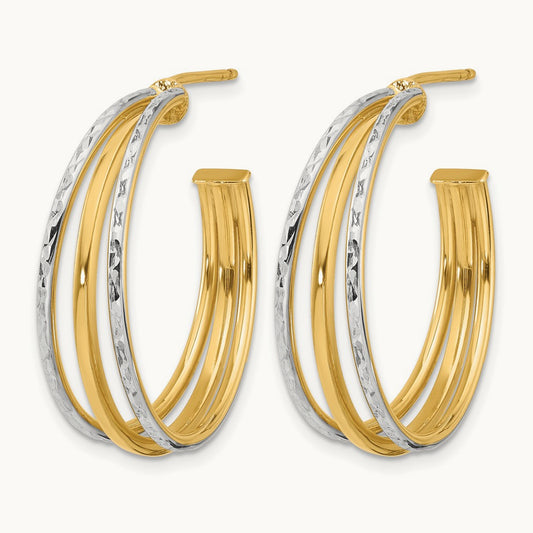 w/White Rhodium and D/C 3-Row Round J-Hoop Post Earrings, 14K — Leslie's