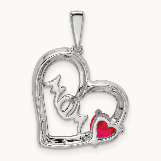 Ruby and Diamond MOM Heart Pendant, 14K White Gold