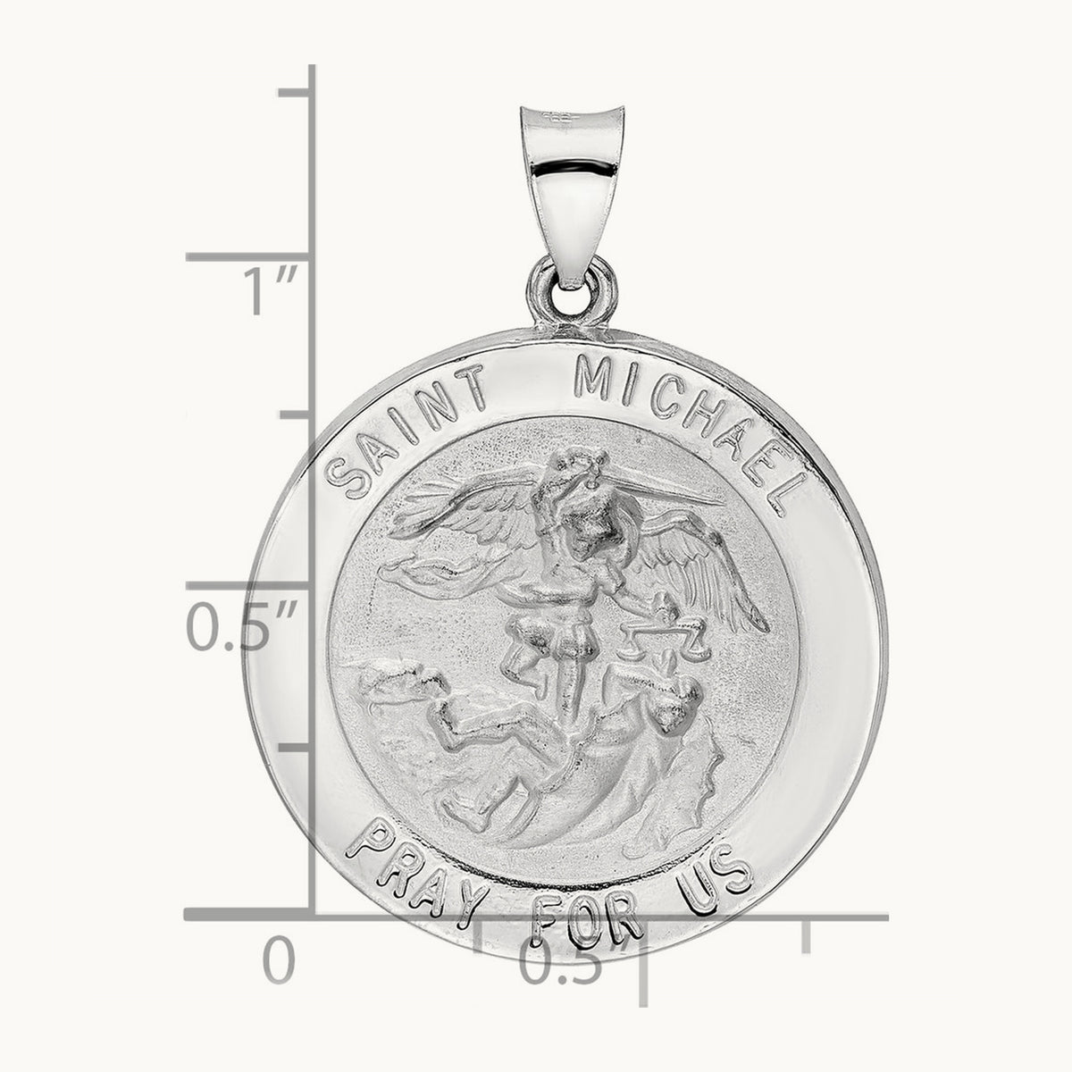 Polished and Satin Hollow St Michael Medal Pendant, 14K White Gold