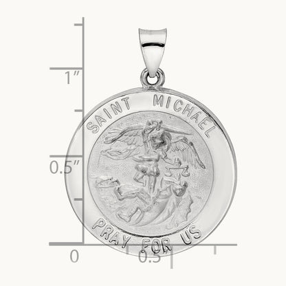 Polished and Satin Hollow St Michael Medal Pendant, 14K White Gold