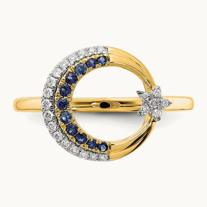 Polished Sapphire and Diamond Moon w/Star Ring, 14K