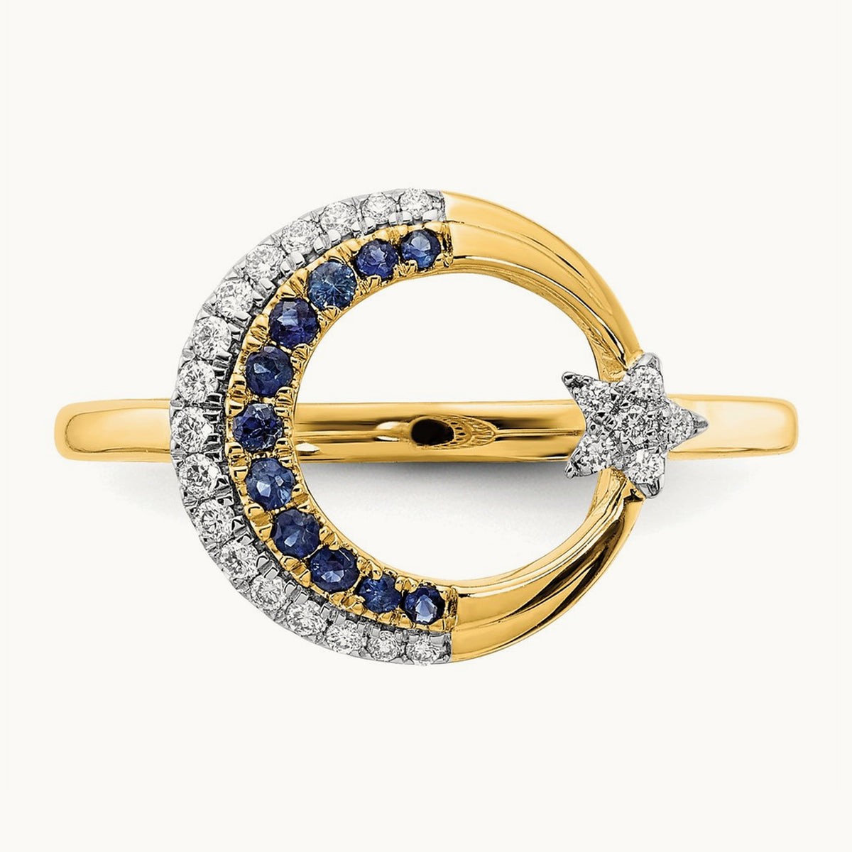 Polished Sapphire and Diamond Moon w/Star Ring, 14K