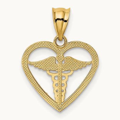Caduceus Heart Medical Pendant, 14K