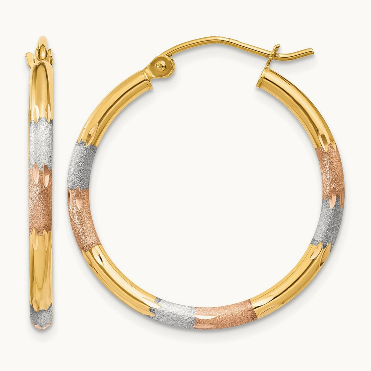 Satin & Diamond-cut Hoop Earrings with white and rose rhodium — 2mm