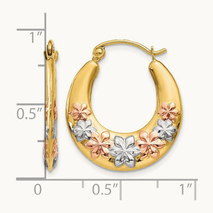 & White and Rose Rhodium Hollow Flowers Hoop Earrings, 14K