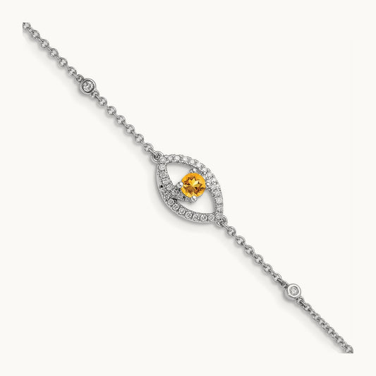 Polished Diamond and Citrine w/.5in Ext Bracelet, 14K White Gold