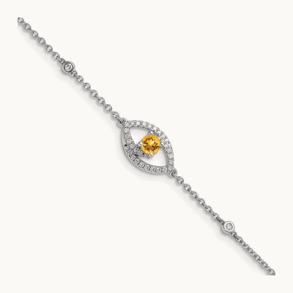 Polished Diamond and Citrine w/.5in Ext Bracelet, 14K White Gold