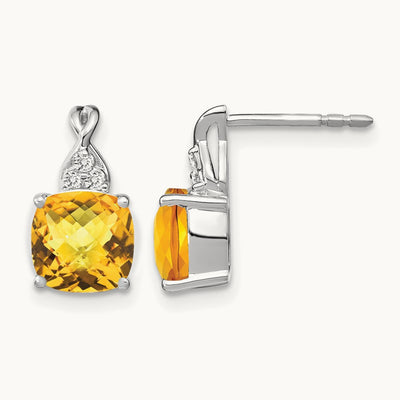 Checkerboard Citrine and Diamond Earrings — 14K White Gold