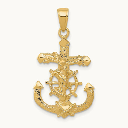 Polished Textured Mariners Crucifix Rope/Wheel Pendant, 14K