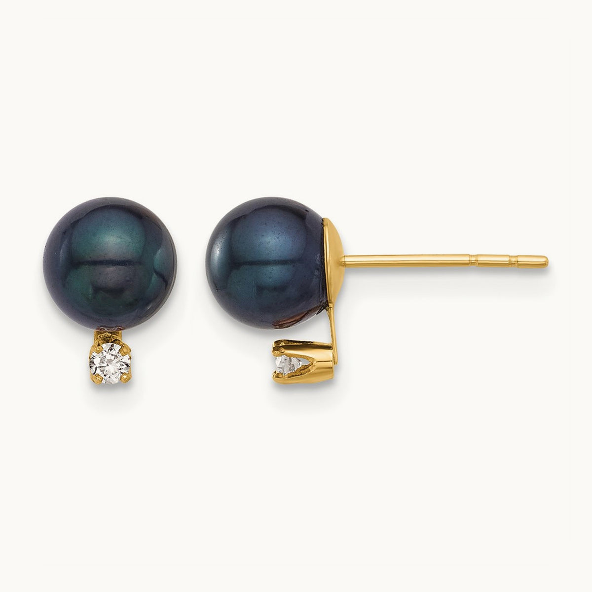 6- Round Black Akoya Pearl and .06ct Diamond Post Earrings, 7mm, 14K