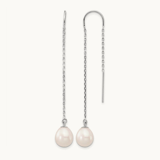 7- White Teardrop FW Cultured Pearl Threader Earrings, 8mm, 14K White Gold