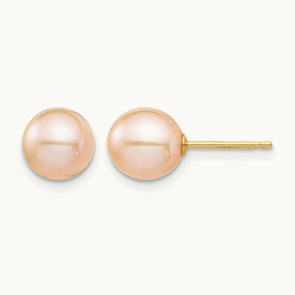 Madi K 7- Pink Round Freshwater Cultured Pearl Stud Post Earrings, 8mm, 14K